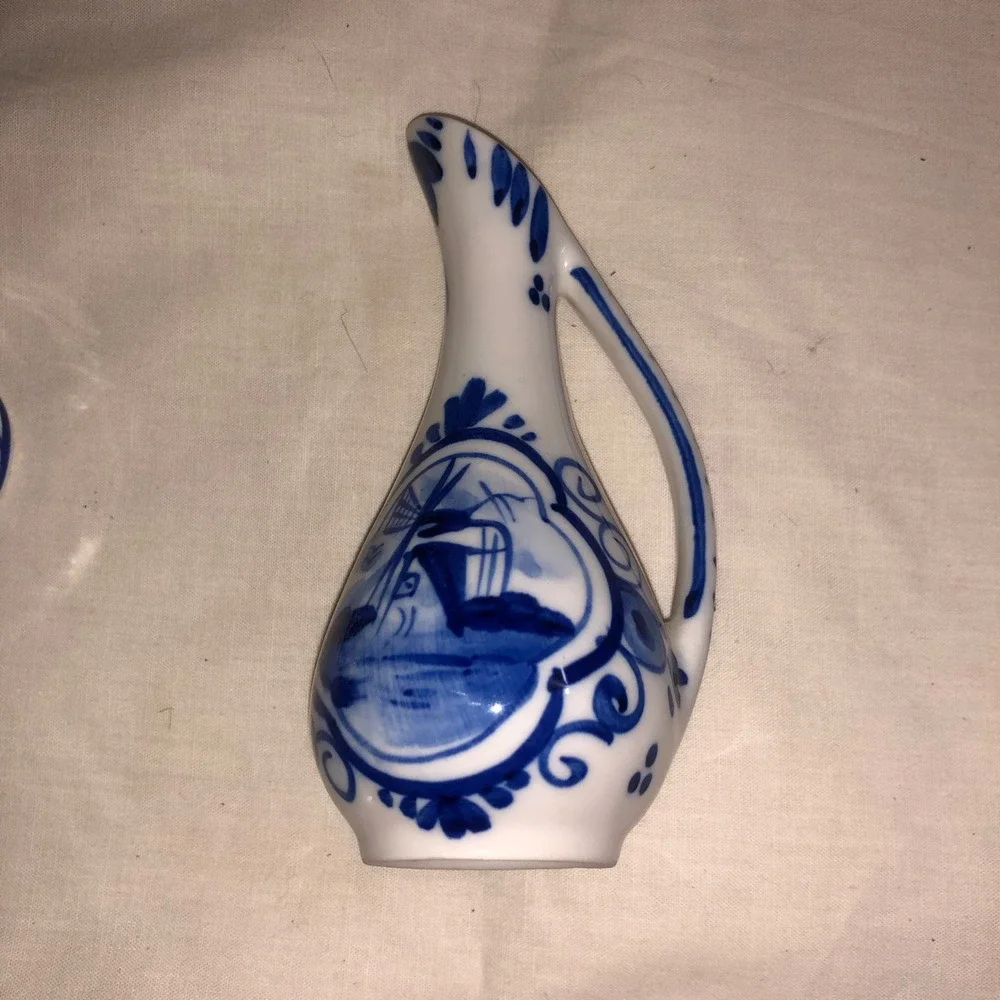Delfts Blue Hand Painted Miniature Pitcher Windmill Dutch Porcelain Bud Vase 4in